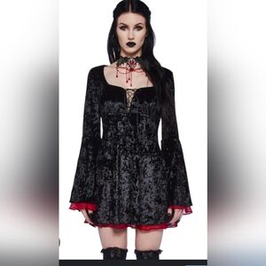 Black and Red Velvet Dress with Bell Sleeves